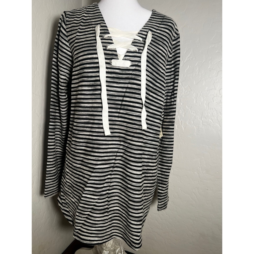 St Johns Bay Active Black White Striped Lace Up V-Neck Long Sleeve Top Large